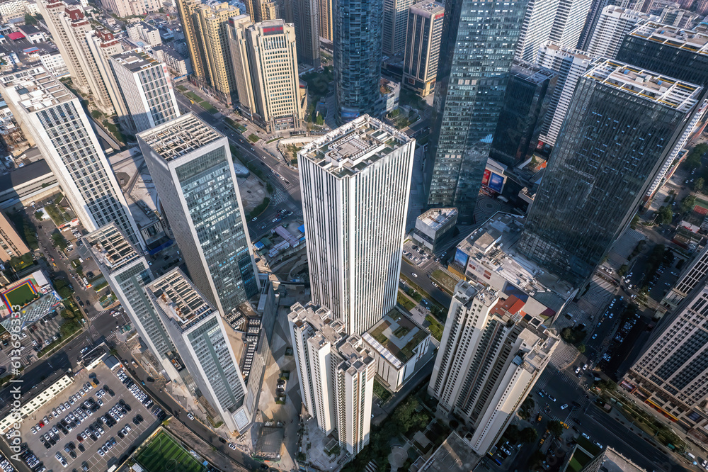 Aerial photography of the architectural landscape skyline in the CBD of Qingdao city center