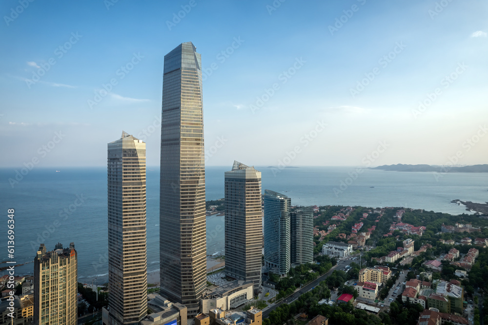 Aerial photography of modern architecture along the urban coastline of Qingdao