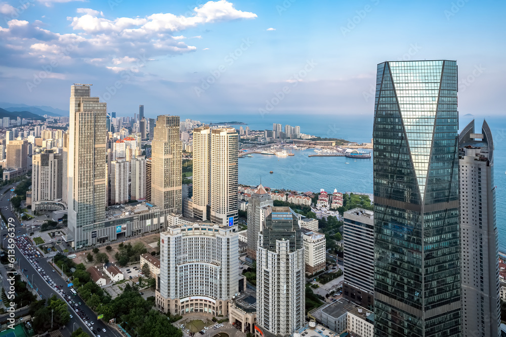 Aerial photography of modern architecture along the urban coastline of Qingdao