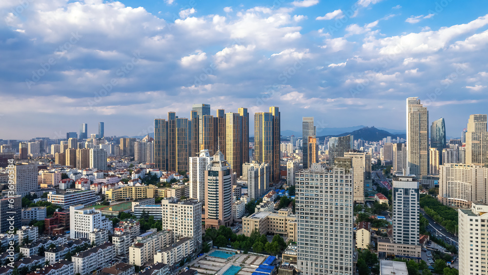 Aerial photography of modern architecture along the urban coastline of Qingdao