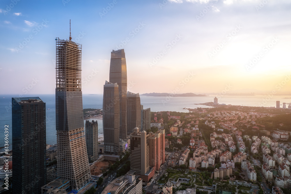 Aerial photography of modern architecture along the urban coastline of Qingdao