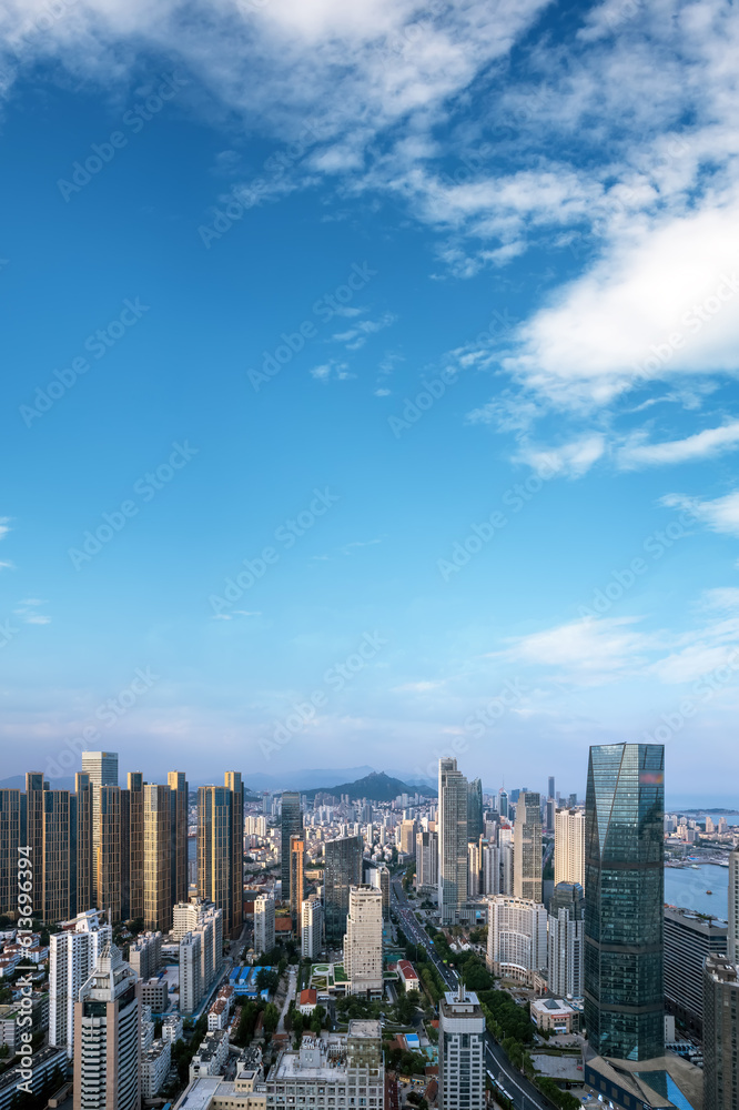 Aerial photography of modern architecture along the urban coastline of Qingdao