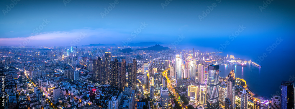 Qingdao Urban Coastline CBD Night Scenery Aviation