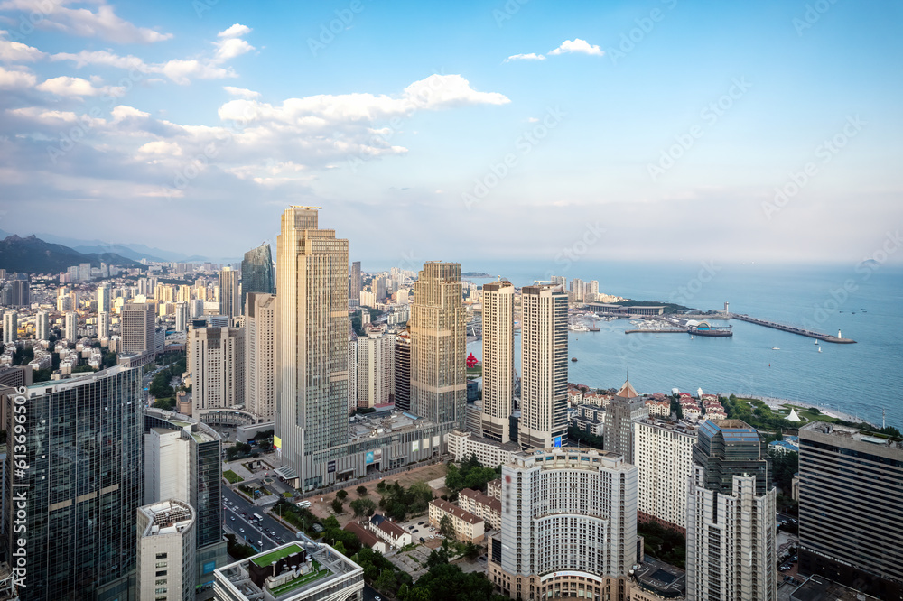 Aerial photography of modern architecture along the urban coastline of Qingdao