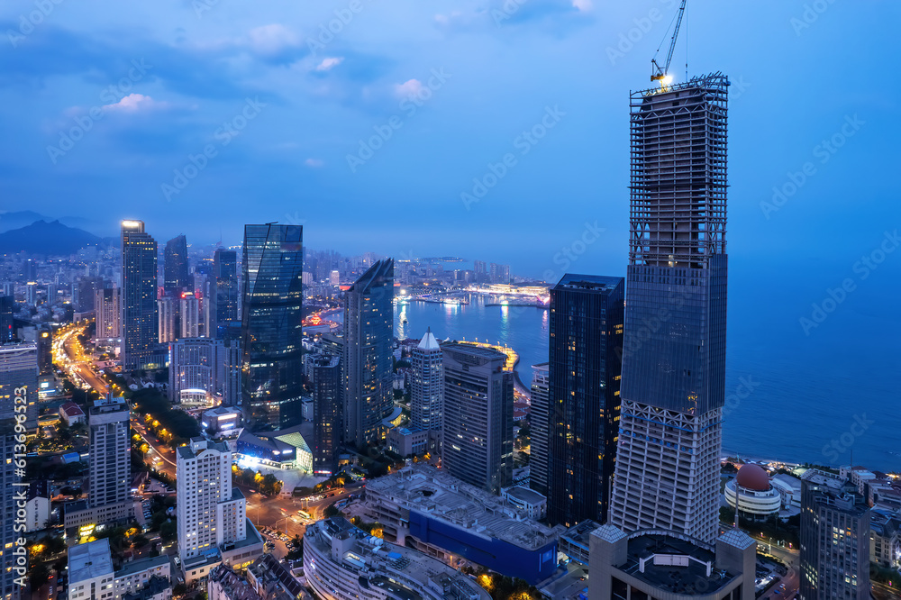 Qingdao Urban Coastline CBD Night Scenery Aviation