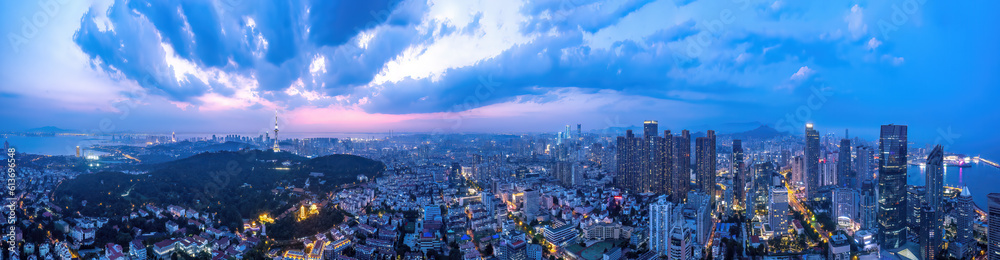 Qingdao Urban Coastline CBD Night Scenery Aviation