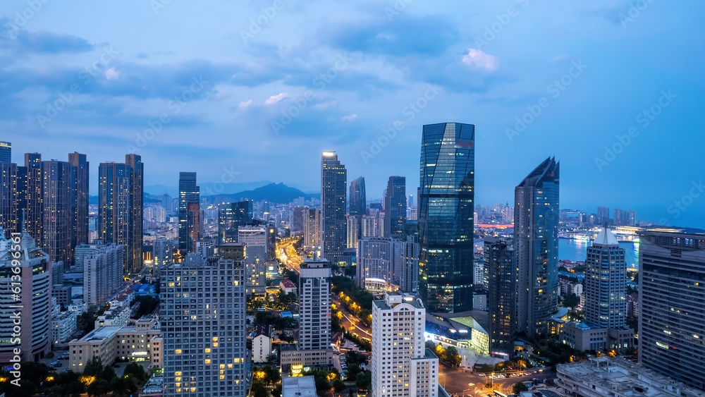 Qingdao Urban Coastline CBD Night Scenery Aviation