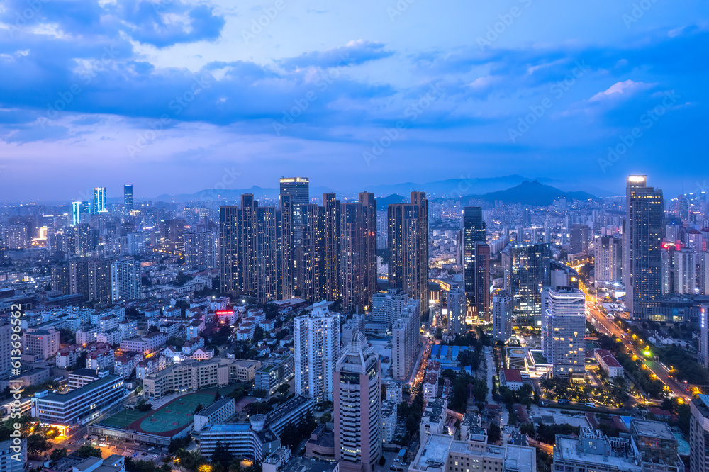 Qingdao Urban Coastline CBD Night Scenery Aviation