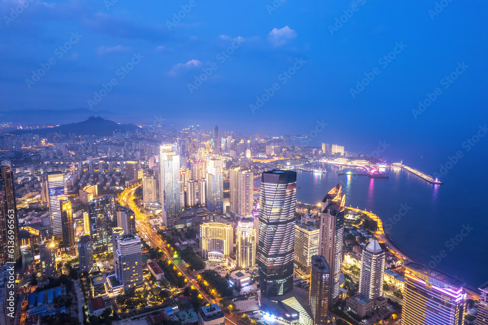 Qingdao Urban Coastline CBD Night Scenery Aviation