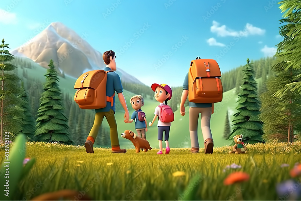 AI in outdoor forest 3D family vacation adventure scene