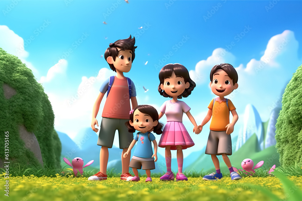 AI in outdoor forest 3D family vacation adventure scene