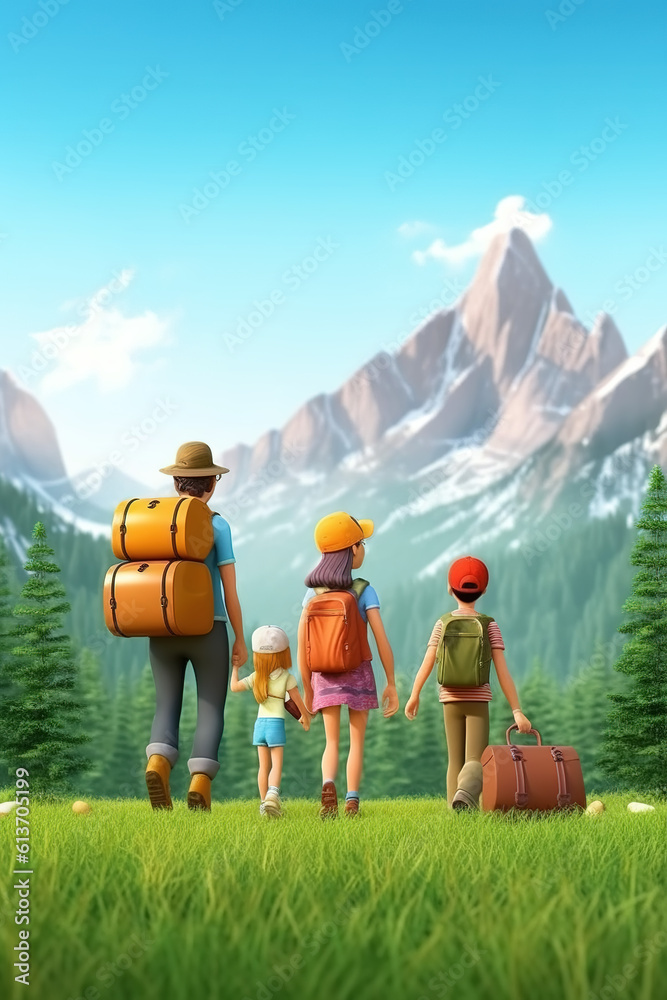 AI in outdoor forest 3D family vacation adventure scene