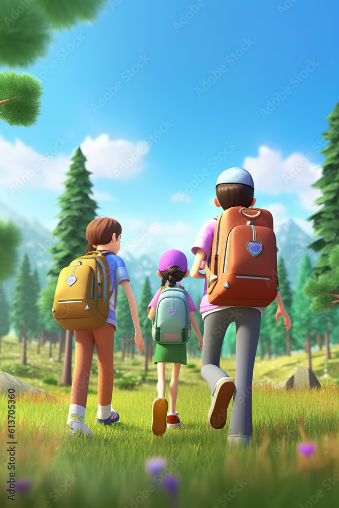 AI in outdoor forest 3D family vacation adventure scene