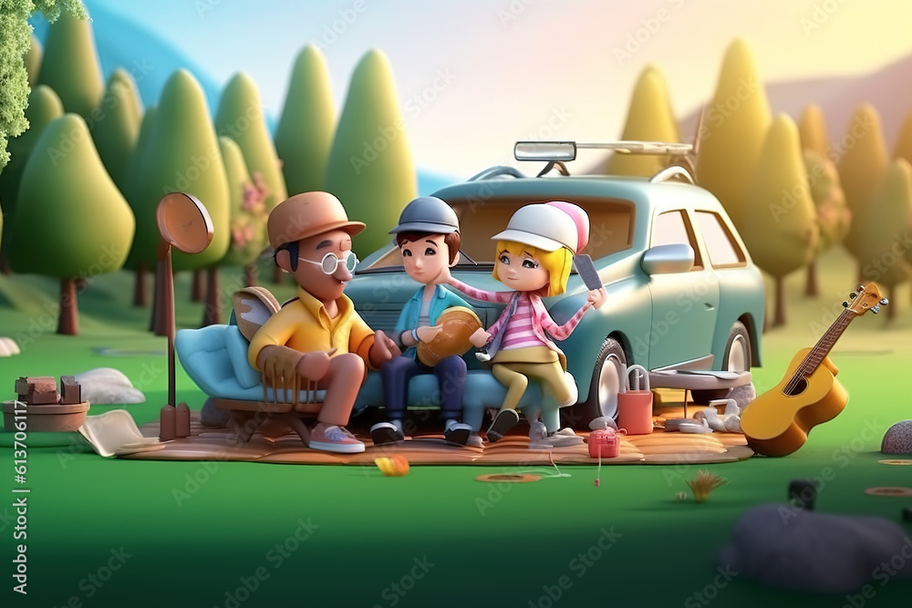 AI in the outdoor forest 3D family camping holiday scene