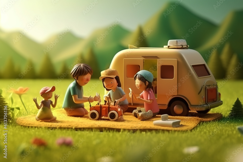 AI in the outdoor forest 3D family camping holiday scene