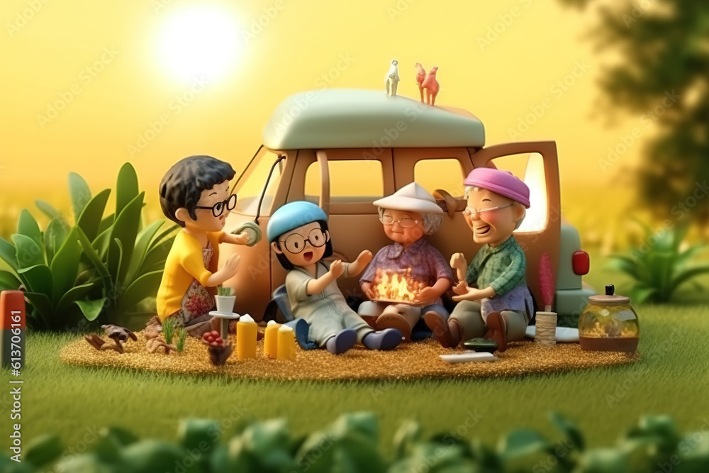 AI in the outdoor forest 3D family camping holiday scene