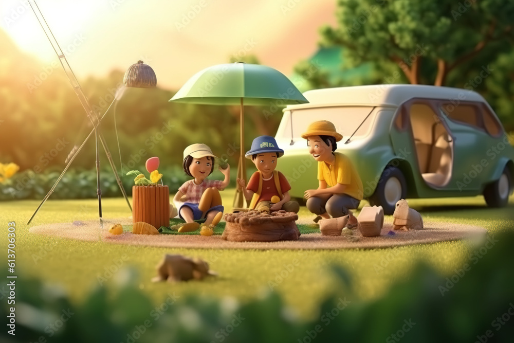 AI in the outdoor forest 3D family camping holiday scene