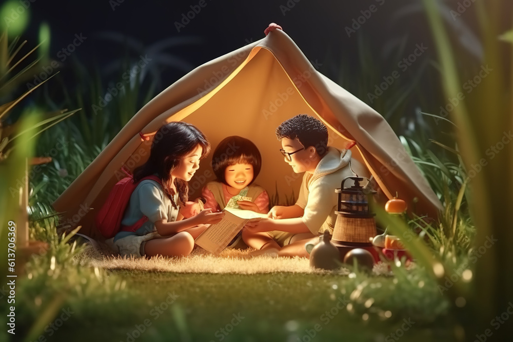 AI in the outdoor forest 3D family camping holiday scene