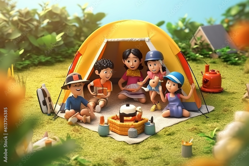 AI in the outdoor forest 3D family camping holiday scene