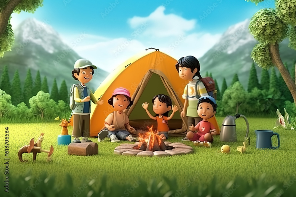 AI in the outdoor forest 3D family camping holiday scene