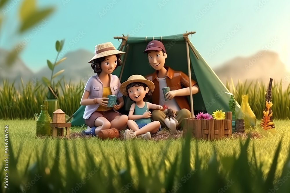 AI in the outdoor forest 3D family camping holiday scene