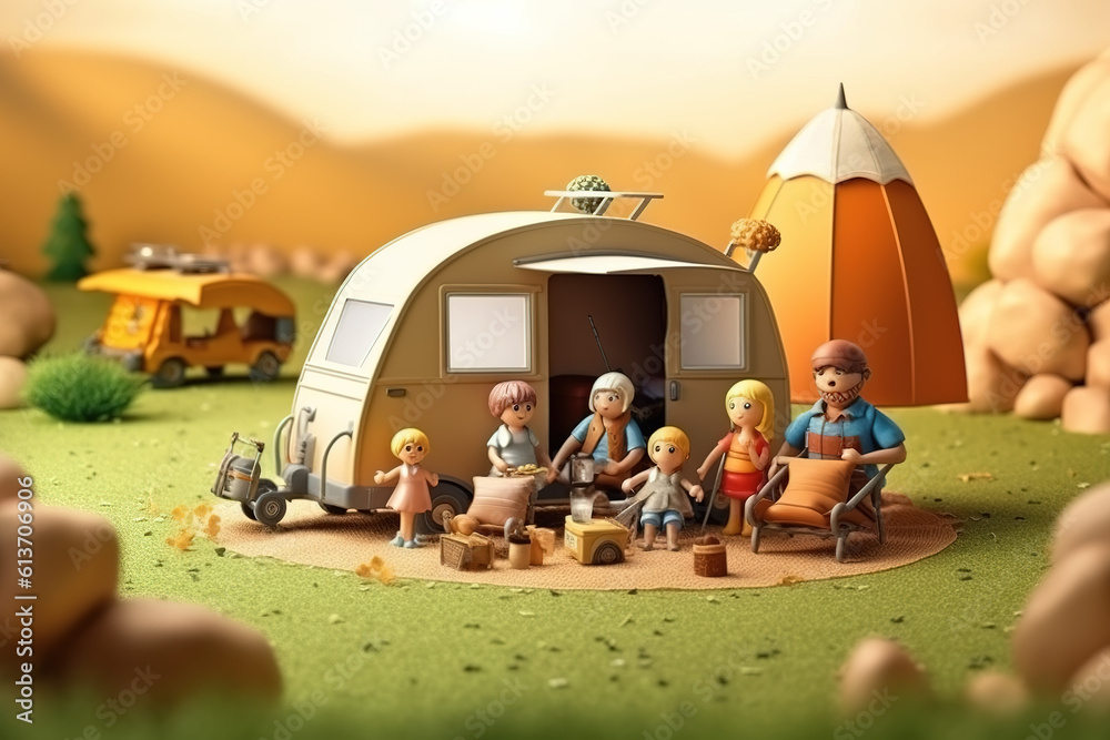 AI in the outdoor forest 3D family camping holiday scene