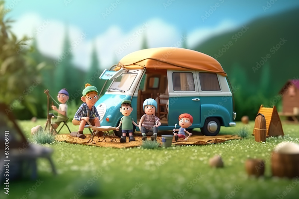 AI in the outdoor forest 3D family camping holiday scene