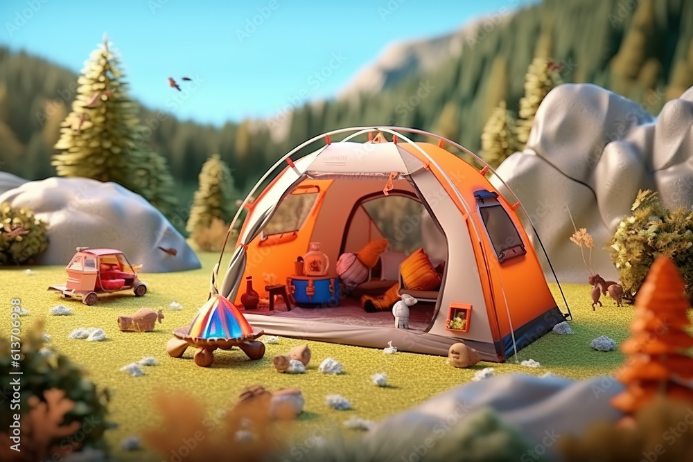 AI in the outdoor forest 3D family camping holiday scene