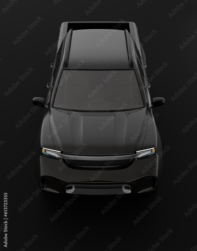 Front view of Black Electric Pickup Truck on black background. Generic design. 3D rendering image.