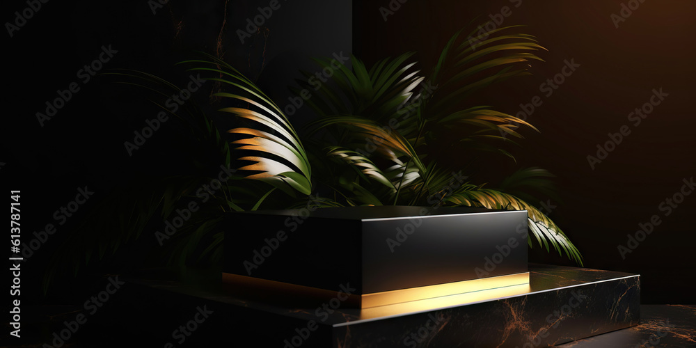 Podium made of black marble with gold, pedestal or platform. Advertising scene. Blank product stand.