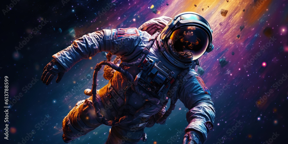 Portrait of astronaut floating in space with a asteroids, space rocks, burning sparks on backdrop. G