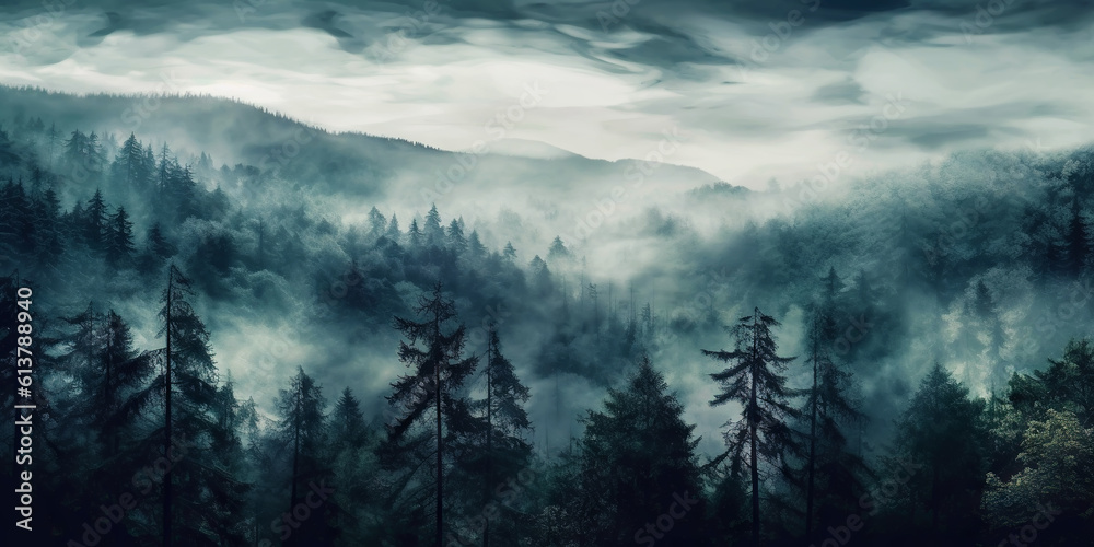 Misty landscape with fir forest in vintage retro style. Generative AI