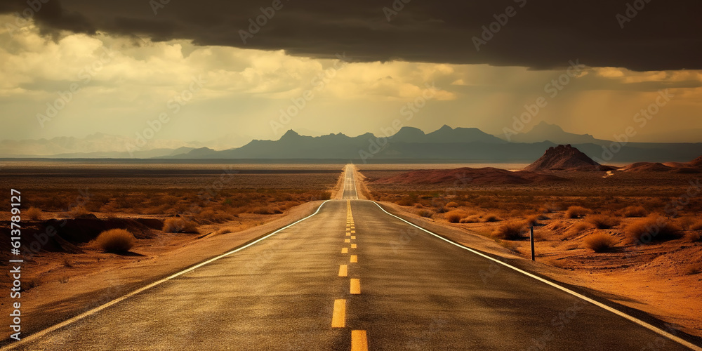 Minimalistic empty highway in desert. Travel concept. Generative AI