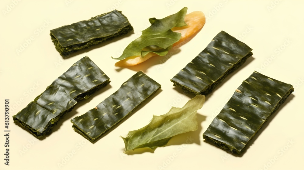 Seaweed snacks, a popular healthy treat rich in nutrients. The unique texture and deep green color o