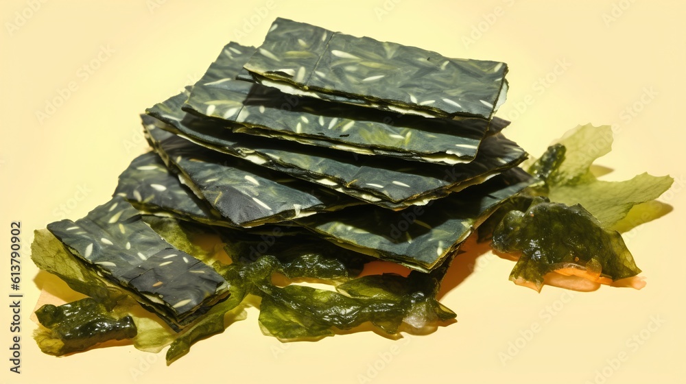 Seaweed snacks, a popular healthy treat rich in nutrients. The unique texture and deep green color o