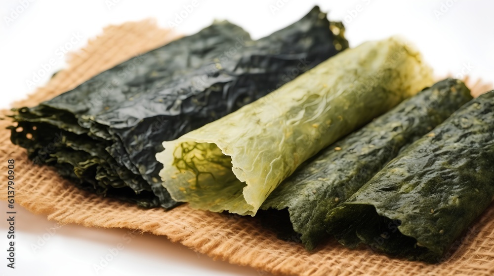 Seaweed snacks, a popular healthy treat rich in nutrients. The unique texture and deep green color o