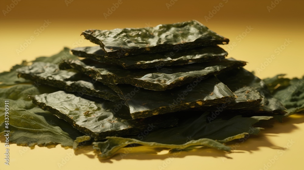 Seaweed snacks, a popular healthy treat rich in nutrients. The unique texture and deep green color o