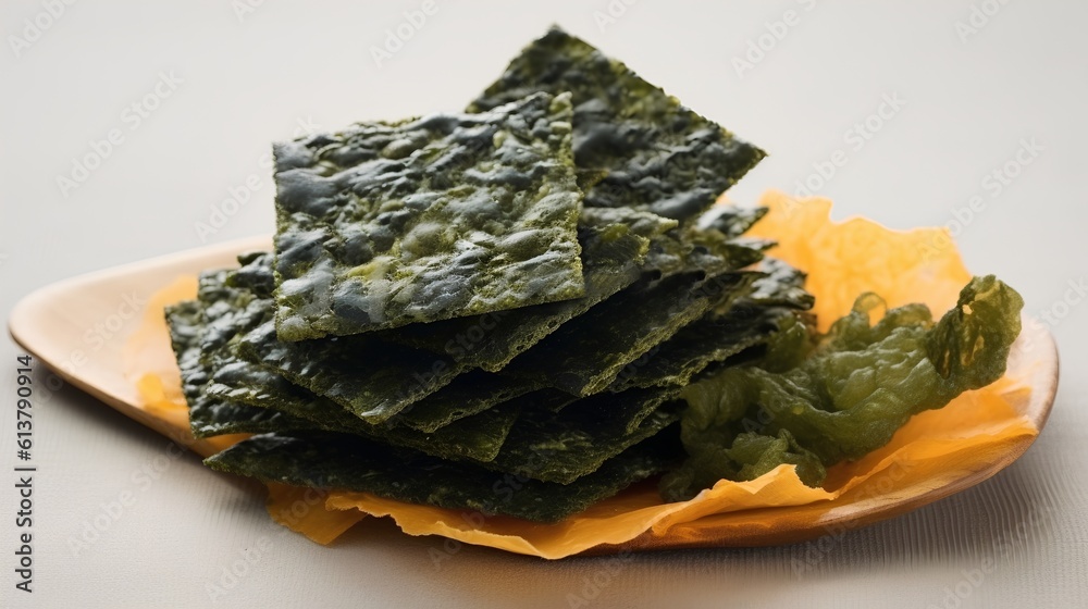 Seaweed snacks, a popular healthy treat rich in nutrients. The unique texture and deep green color o