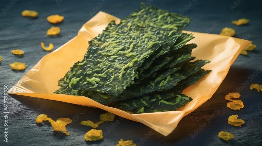 Seaweed snacks, a popular healthy treat rich in nutrients. The unique texture and deep green color o