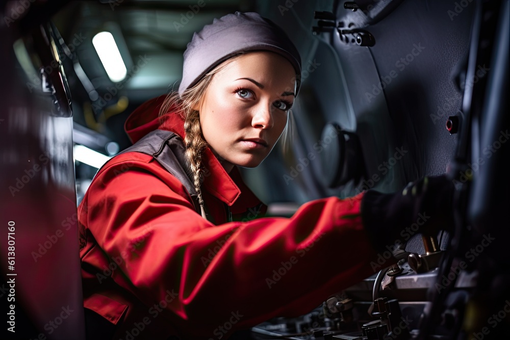 A female worker skillfully operating high-tech machinery in a modern automotive manufacturing settin