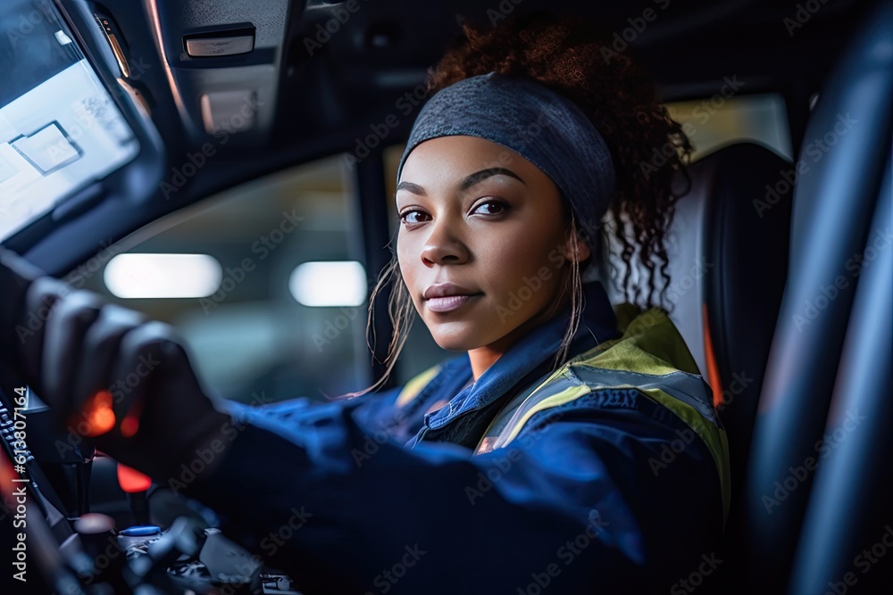 A female worker skillfully operating high-tech machinery in a modern automotive manufacturing settin