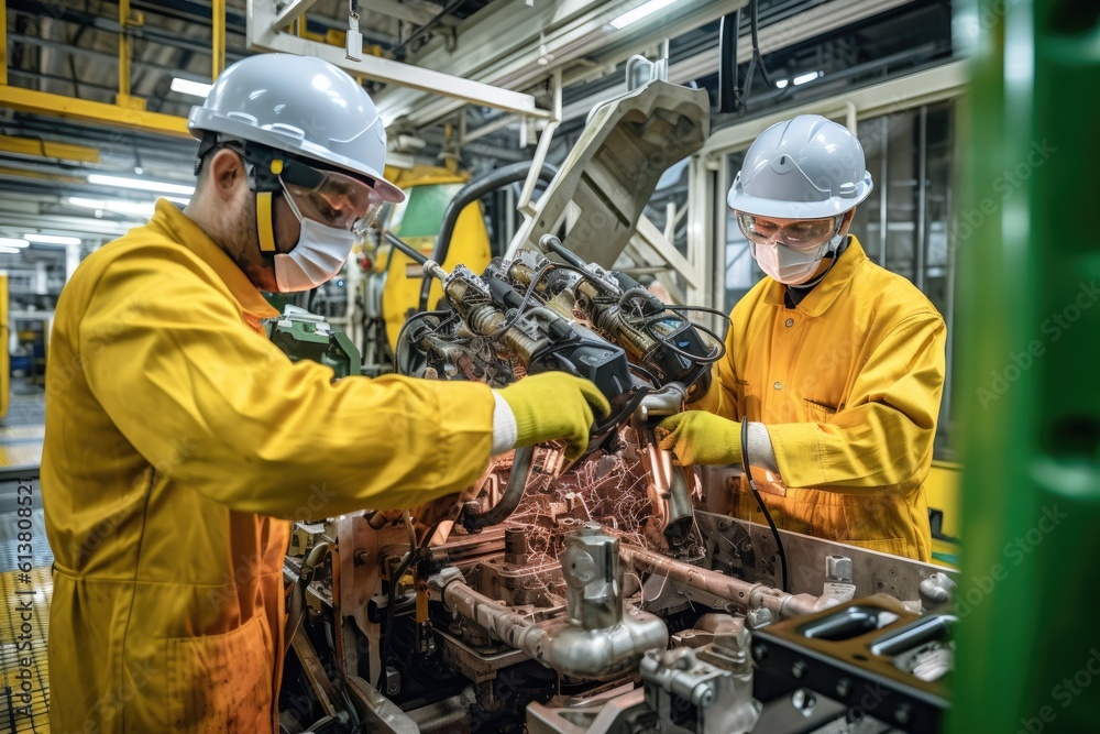 Workers wear a protective uniform skillfully operating high-tech machinery in a modern automotive ma