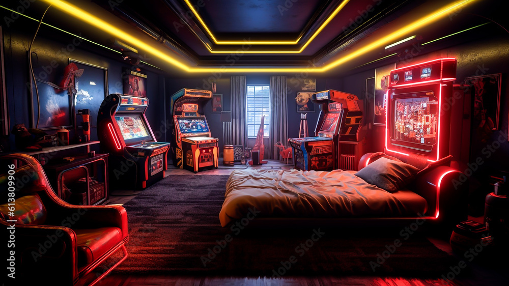 A dark bedroom that embodies the essence of a retro arcade haven. Generative AI.