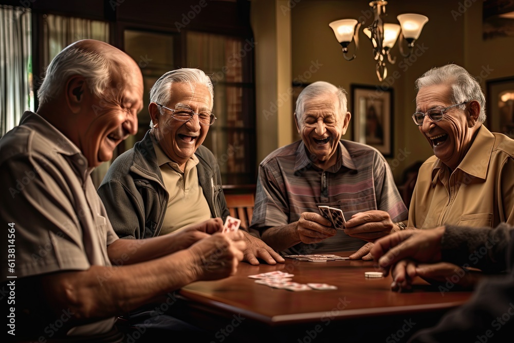 Joyful group of seniors playing cards and sharing laughter in a retirement nursing home, camaraderie