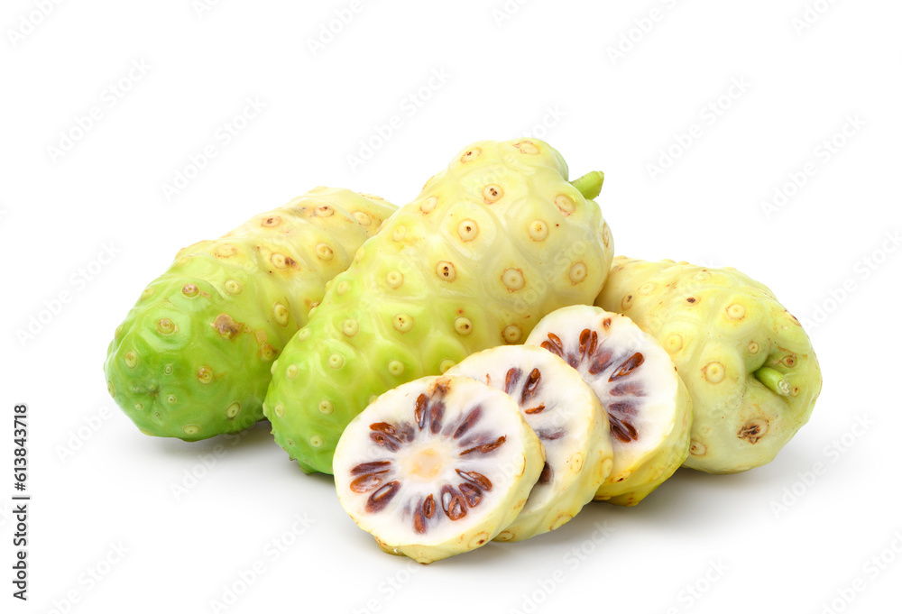 Noni or Morinda Citrifolia fruits isolated on white background (Rubiaceae Noni, great morinda, india