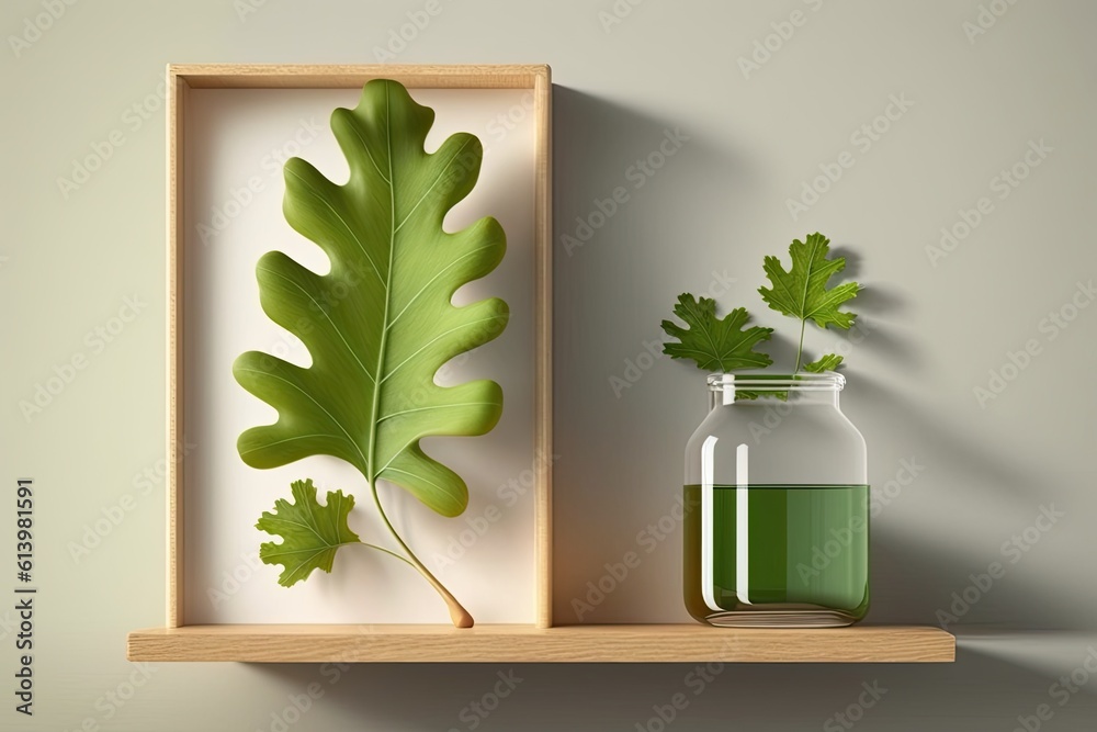 minimalist wooden shelf with a clear glass jar and a single green leaf. Generative AI