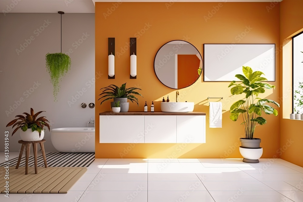 bathroom with vibrant orange walls and a sleek white sink. Generative AI