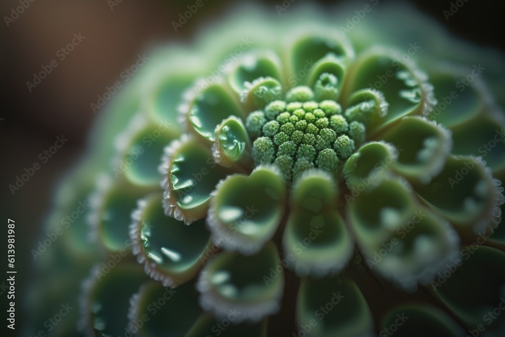 Close-Up of a Green Flower with Dew Drops. Generative AI