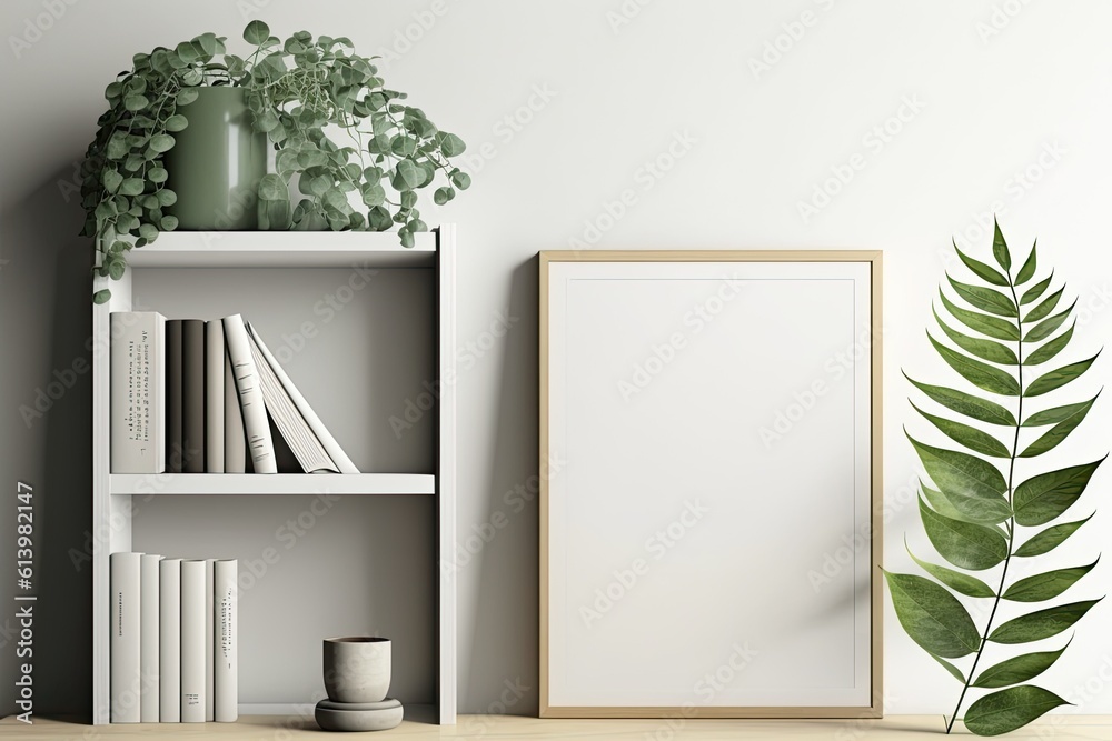 bookshelf with plant and picture frame decoration. Generative AI