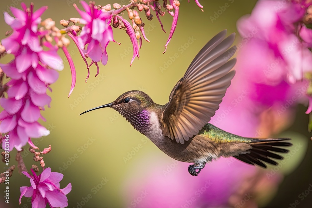 hummingbird in flight near pink flowers. Generative AI